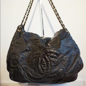 Chanel black quilted aged metallic leather hobo!